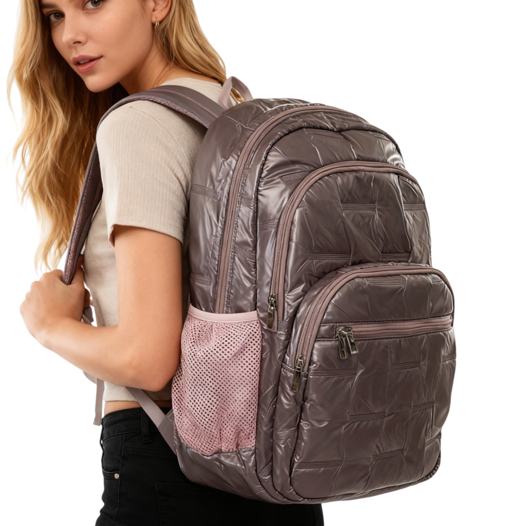 Person wearing the Metro Quilted Backpack in an urban setting