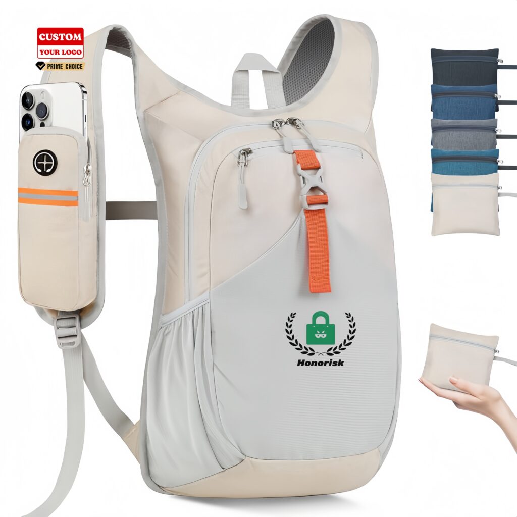 Foldable backpack shown in various outdoor settings