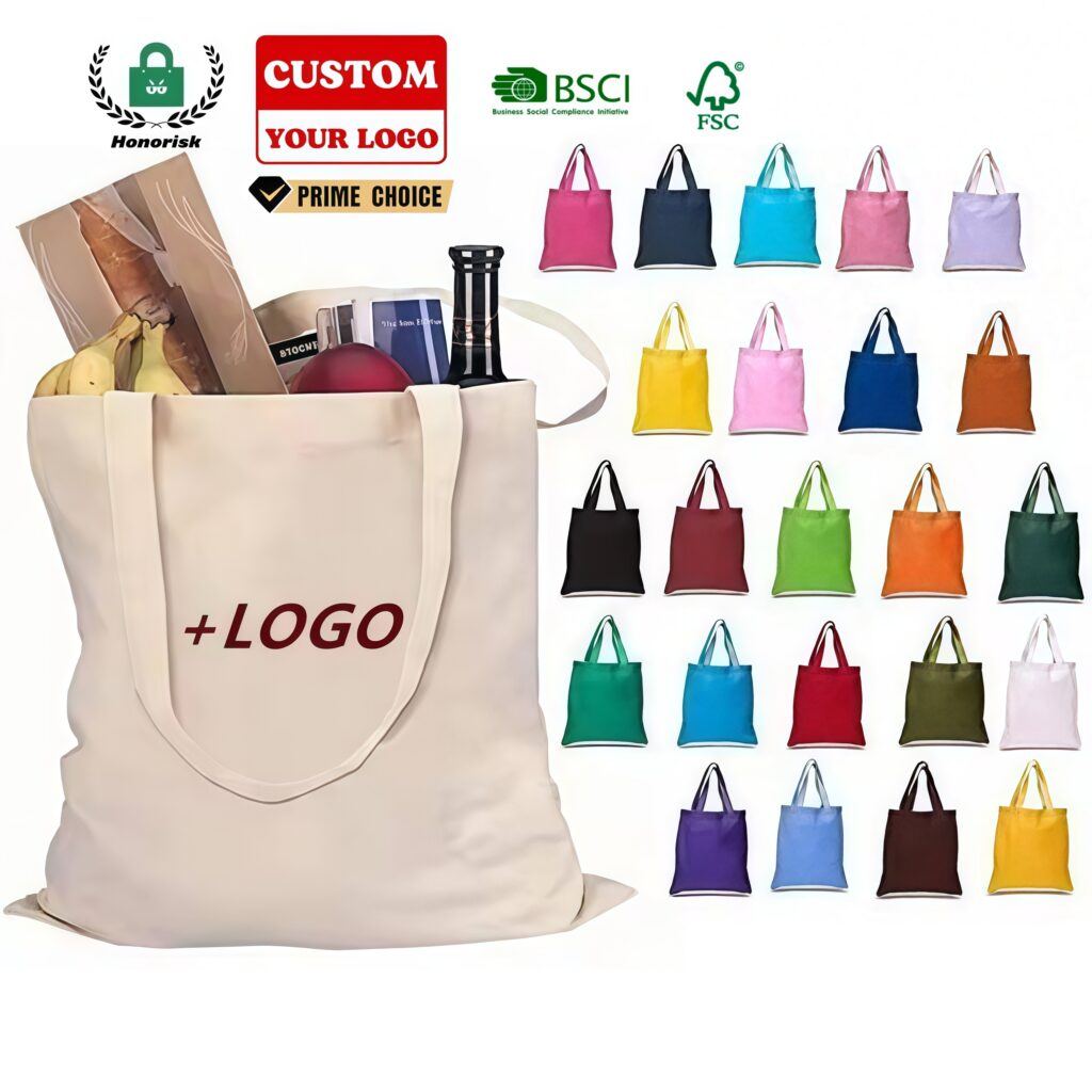 A collection of stylish, high-quality custom canvas tote bags in various colors