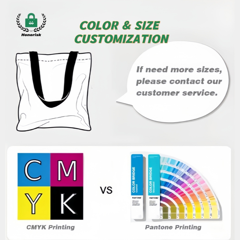 Examples of different logo techniques: screen print, embroidery, and heat transfer on tote bags