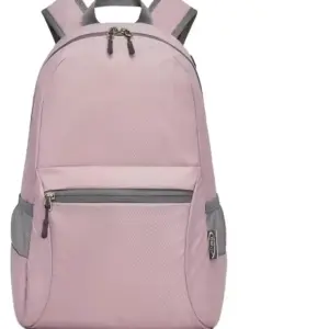 Light pink Outdoor Waterproof Foldable Oxford Backpack with gray zippers, front pocket, side mesh pockets, and a top handle shown on a white background.