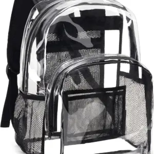 Vairāku nodalījumu Oksfordas piepilsētas mugursomaai PVC caurspīdīgajai mugursomai ir skaidrs dizains ar melnām siksnām un acu kabatām The Wholesale Waterproof PVC Transparent Backpack features a clear design with black straps and mesh pockets, shown against a white background.