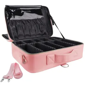 Professional Multi-Compartment Makeup Bag with Shoulder Strap