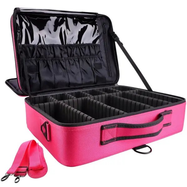 Professional Multi-Compartment Makeup Bag with Shoulder Strap Rose_Red