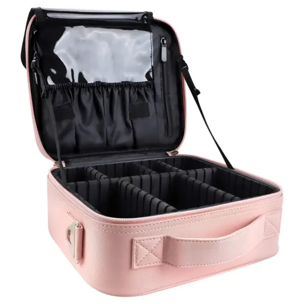 Professional Multi-Compartment Makeup Bag with Shoulder Strap Small_Cute_Pink