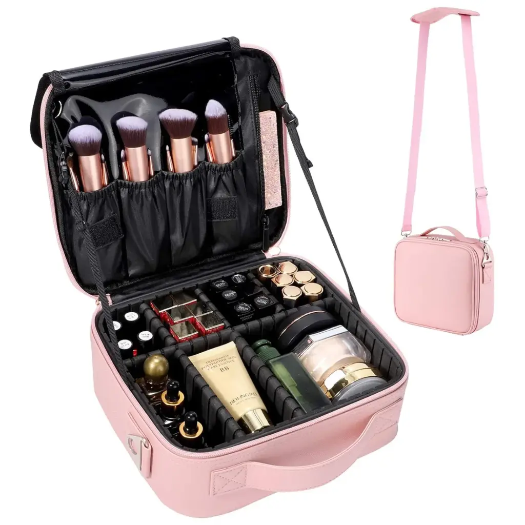 Professionell Multi-Kompartiment Makeup Bag mat Schëllerbunn enthält Pinselen, Kosmetik Späichere, Upassbar Divider, an eng eraushuelbare Band. OEM an ODM Personnalisatiounsoptiounsoptioun sinn verfügbar.
